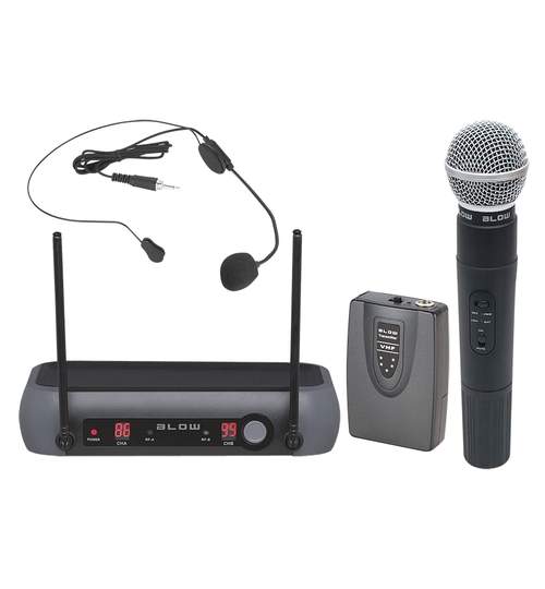Set Microfon Wireless, Casti cu Microfon si Receiver 2 canale, Raza Acoperire 50m, Blow