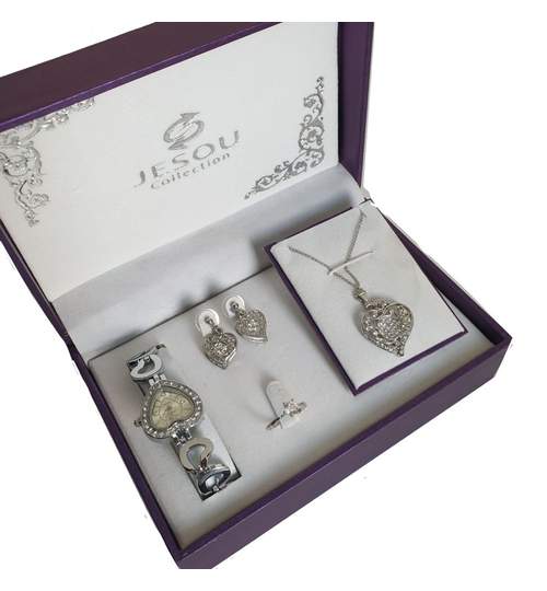 Set bijuterii dama, Jesou Collection, cu colier cu pandantiv, ceas, cercei si inel, mov