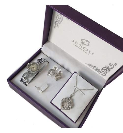 Set bijuterii dama, Jesou Collection, cu colier cu pandantiv, ceas, cercei si inel, mov