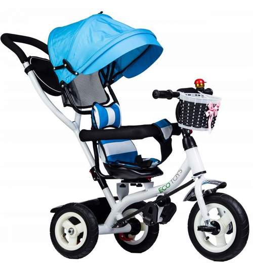 Tricicleta cu scaun rotativ, maner parental, copertina, roti din cauciuc, suport picioare pliabil, culoare albastru