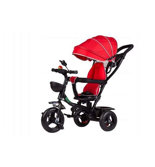 Tricicleta cu scaun rotativ, maner parental, copertina, roti din cauciuc, suport picioare pliabil, culoare rosu