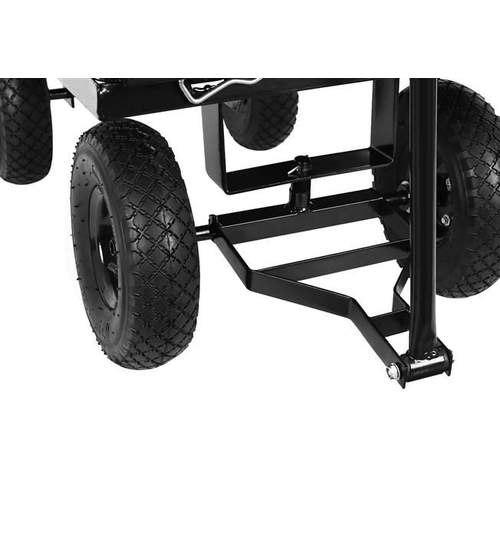 Carucior Metalic Transport pentru Gradina sau Curte, cu maner, 4 Roti pneumatice, Capacitate 350kg