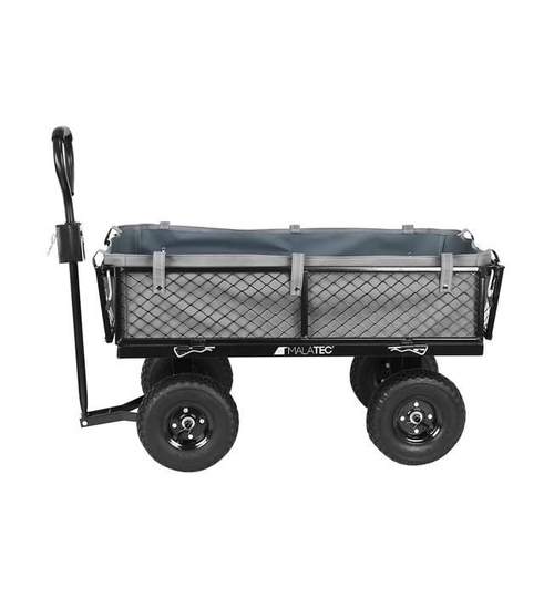 Carucior Metalic Transport pentru Gradina sau Curte, cu maner, 4 Roti pneumatice, Capacitate 350kg