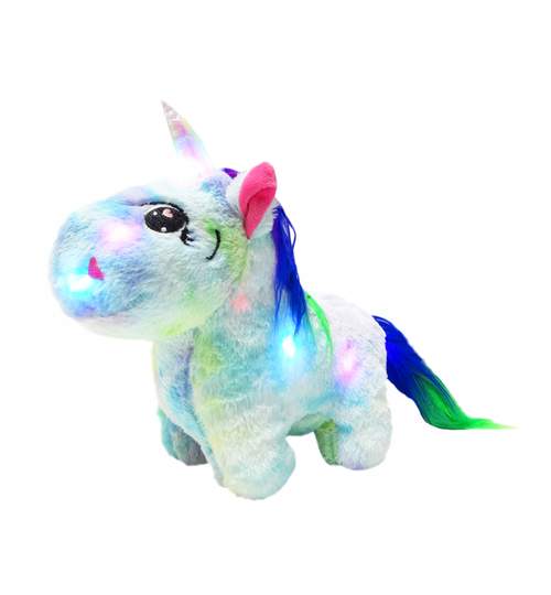 Unicorn din plus iluminat LED, 30x26cm, albastru