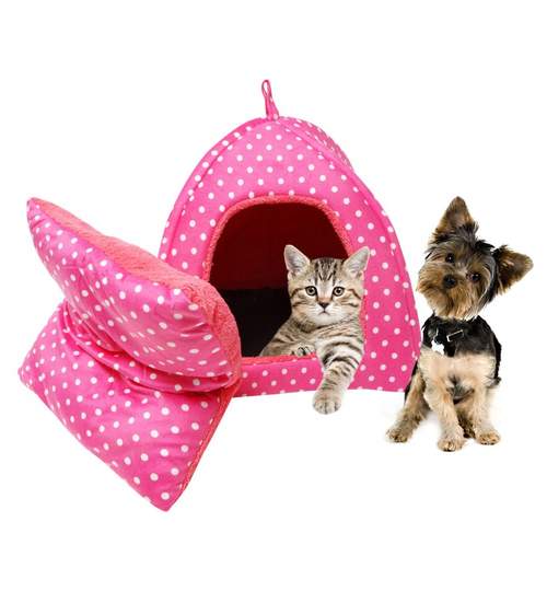 Casuta textila cu perna detasabila pentru catei/pisici, 45x45 cm, culoare roz