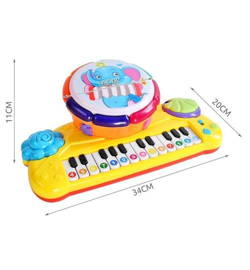 Jucarie muzicala educativa 2 in 1, orga electronica cu toba si betisoare, multicolor