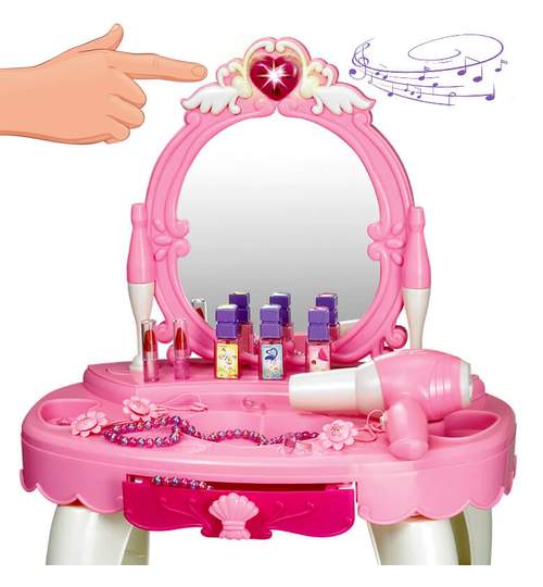 Masuta de machiaj cu oglinda pentru fetite, accesorii si scaun, efecte lumini si sunet