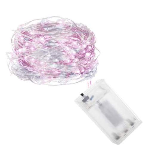 Instalatie luminoasa LED de Craciun, 100 led-uri, 10m, alb/roz Alimentat cu baterii 3xAA