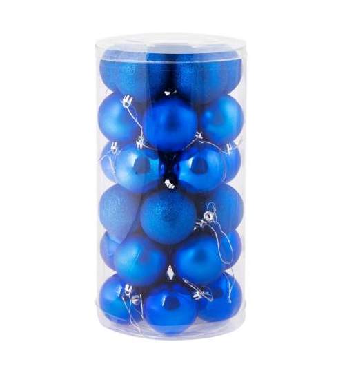 Set globuri Craciun, pentru brad, din plastic, 6cm, 24 buc, albastru