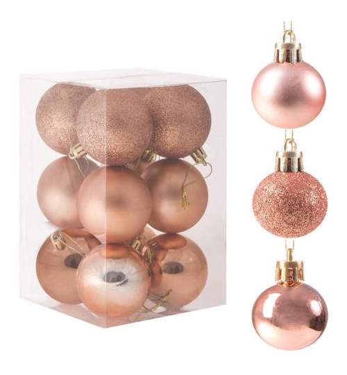Set globuri Craciun, pentru brad, din plastic, 6cm, 12 buc, roz/auriu