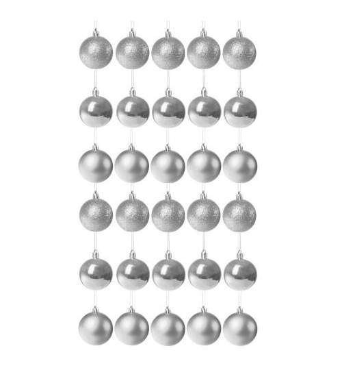 Set globuri Craciun, pentru brad, din plastic, 6cm, 30 buc, argintiu