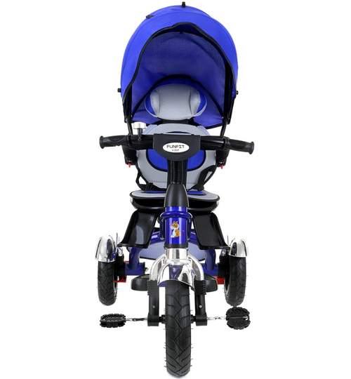 Tricicleta pentru copii cu scaun rotativ, copertina, cos, maner parental, suport picioare pliabil, culoare albastru