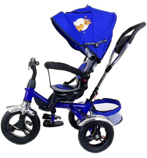 Tricicleta pentru copii cu scaun rotativ, copertina, cos, maner parental, suport picioare pliabil, culoare albastru