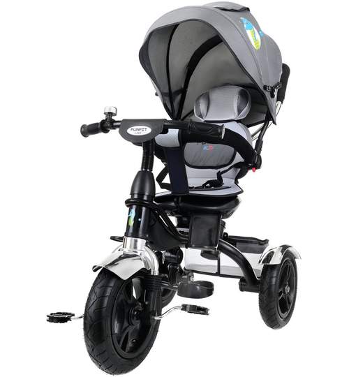 Tricicleta pentru copii cu scaun rotativ, copertina, cos, maner parental, suport picioare pliabil, culoare gri
