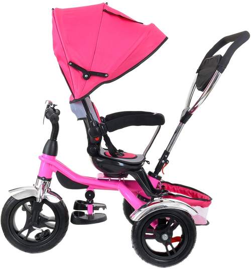 Tricicleta pentru copii cu scaun rotativ, copertina, cos, maner parental, suport picioare pliabil, culoare roz