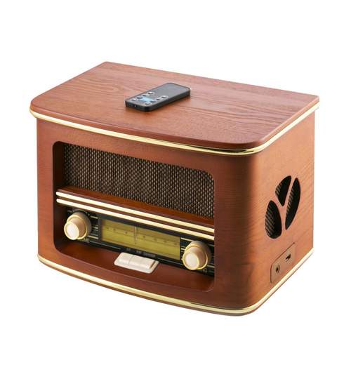 Radio retro cu Bluetooth, CD/MP3 player, 19W,  functie inregistrare, carcasa din lemn, cu telecomanda