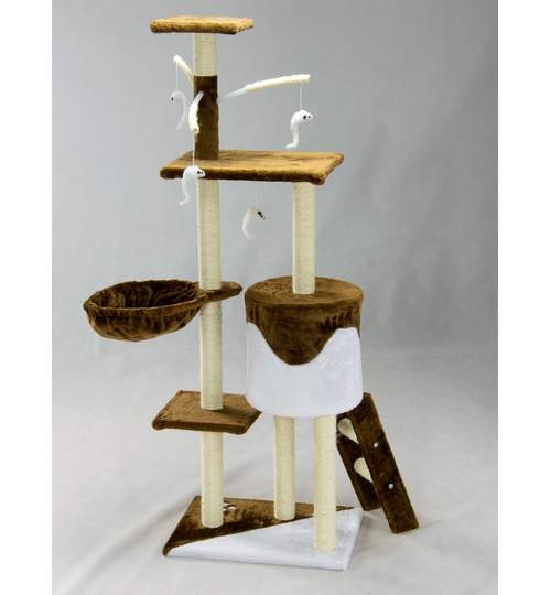 Ansamblu de Joaca pentru Pisici tip Turn, 4 Nivele, 138 cm, Jucarii incluse, Culoare maro/alb