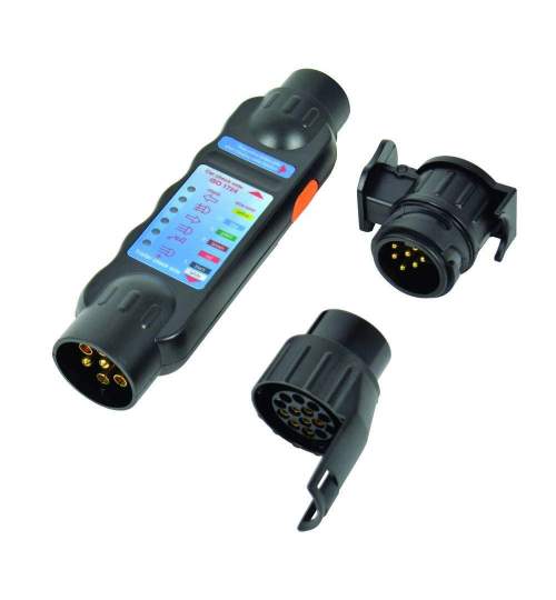 Tester cu led Carpoint pentru lumini remorca 12V cu 7 pini fisa si priza, cu 2 adaptori pentru fisa de 13 pini Kft Auto