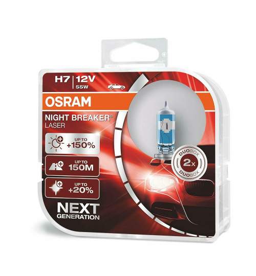 Set 2 becuri auto cu halogen pentru far Osram Night Breaker Unlimited H7 12V 55W +150% mai multa lumina, 64210NL-HCB, culoare 3750k, 1500lm Kft Auto