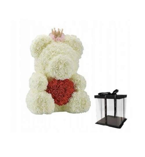 Ursulet Floral BIG 40 cm DeLuxe Queen Alb cu Inimioara Rosie cu coronita + cutie de cadou ManiaMagic