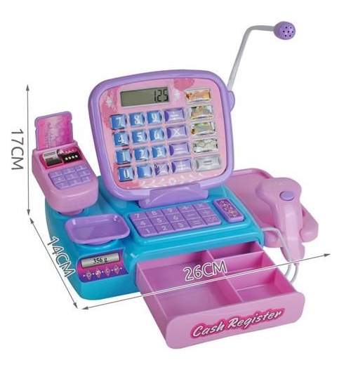 Set Jucarie Copii Casa de Marcat cu Afisaj LCD, scaner, bani,card de plata si legume, roz/violet