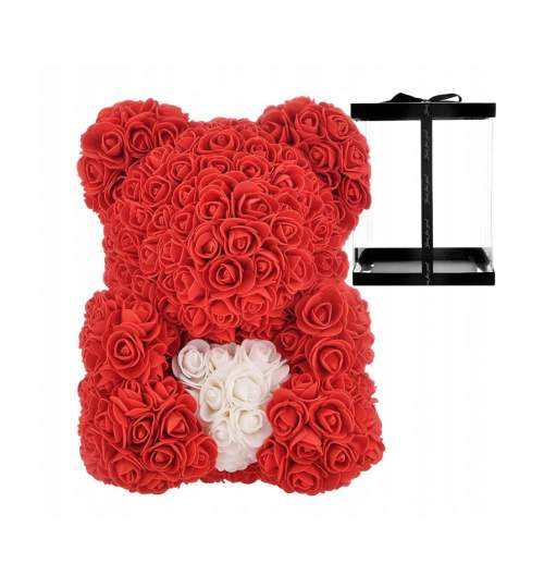 Ursulet Floral 25 cm DeLuxe Rosu cu Inimioara Alba + cutie de cadou ManiaMagic