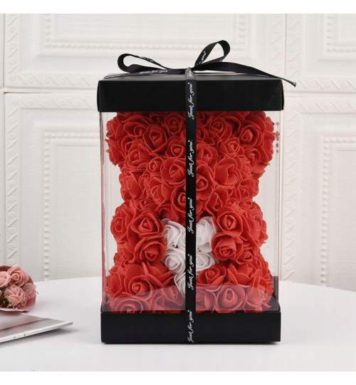 Ursulet Floral 25 cm DeLuxe Rosu cu Inimioara Alba + cutie de cadou ManiaMagic