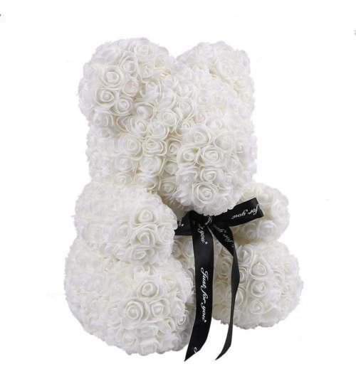 Ursulet floral DeLuxe Alb cu fundita, 25 cm + cutie de cadou ManiaMagic