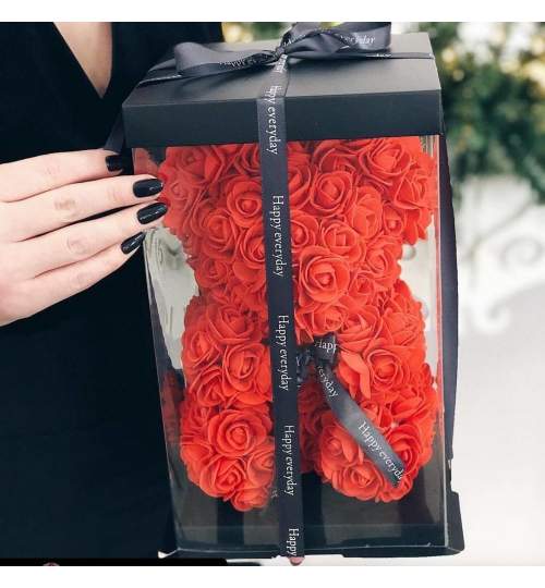 Ursulet Floral DeLuxe Alb cu Inimioara Rosie 25 cm + cutie de cadou ManiaMagic