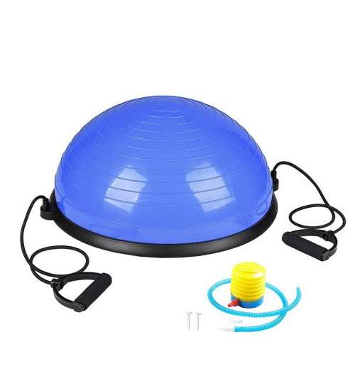 Minge fitness Bosu pentru echilibru, cu extensoare si pompa inclusa, diametru 57 cm, culoare albastru