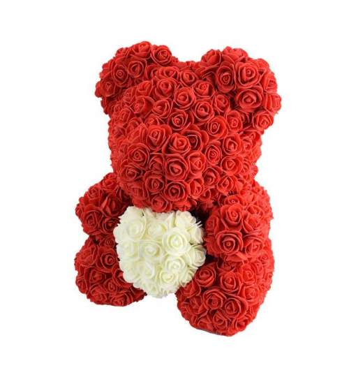 Ursulet floral BIG cu inimioara crem, decorat manual cu trandafiri de spuma, inaltime 40 cm