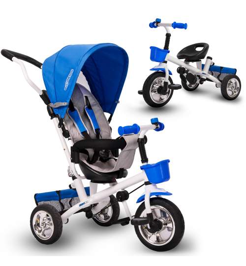Tricicleta Carucior pentru copii, scaun rotativ, maner parental, copertina, culoare albastru