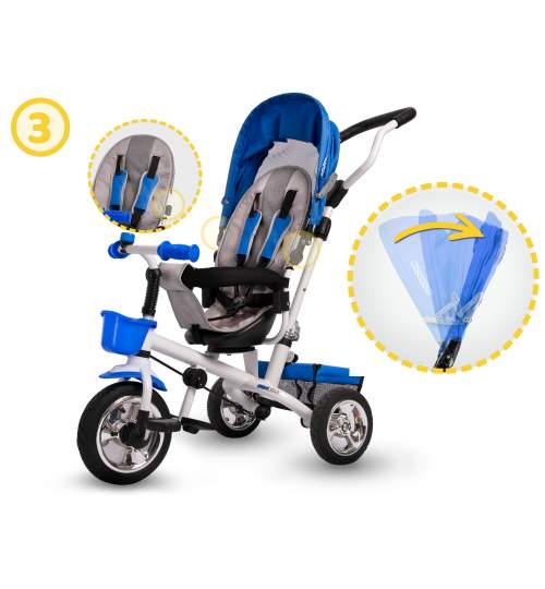Tricicleta Carucior pentru copii, scaun rotativ, maner parental, copertina, culoare albastru