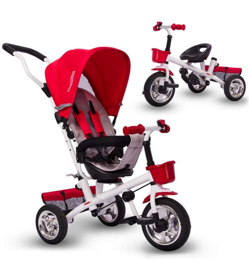 Tricicleta Carucior pentru copii, scaun rotativ, maner parental, copertina, culoare rosu