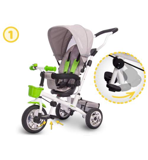 Tricicleta Carucior pentru copii, scaun rotativ, maner parental, copertina, culoare verde
