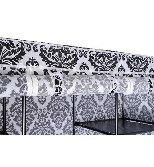 Dulap din material textil Mira Maxi, pentru depozitare incaltaminte, imbracaminte sau accesorii, cadru metalic, 10 rafturi, culoare alb-negru