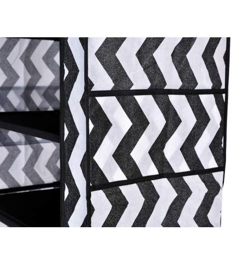 Dulap raft textil LEA pentru depozitare incaltaminte, imbracaminte sau accesorii, 9 nivele, 2 buzunare laterale, model zebra, negru/alb