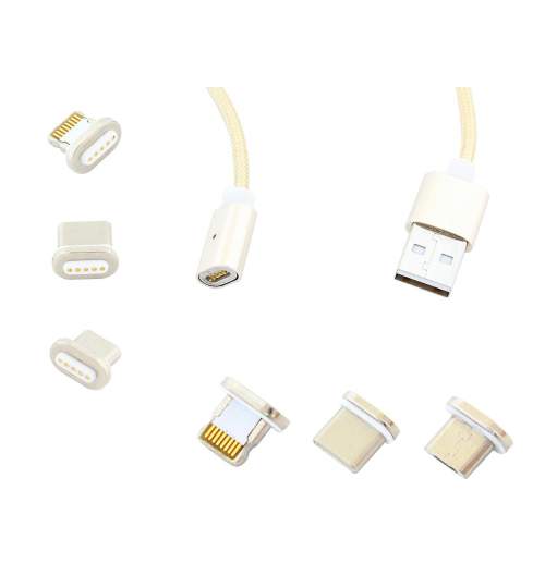 Cablu de date / incarcare magnetic 3 in 1 Micro USB, Type-C, Lightning, lungime 1m, culoare argintiu