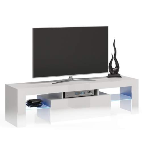 Comoda TV pentru living, model RTV DEKO 140, MDF alb cu sertar inchidere/deschidere TIP on