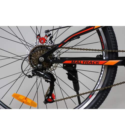 Bicicleta MTB MalTrack Target Red/Orange cu 18 Viteze, Amortizor, Roti 26 Inch, Mountain Bike