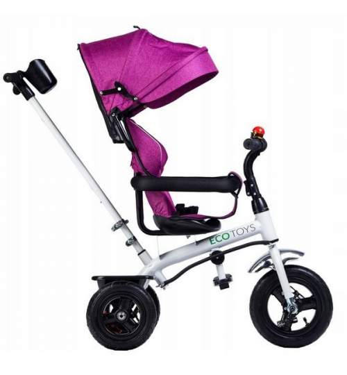 Tricicleta cu maner parental, copertina, cos depozitare, suport picioare, centura, culoare roz