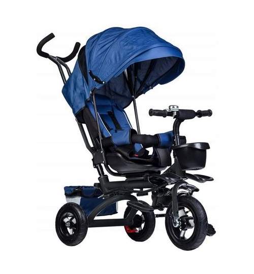 Tricicleta cu scaun rotativ, maner parental, copertina, cos depozitare, suport picioare, centura, culoare albastru