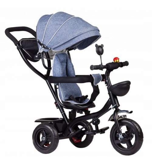 Tricicleta cu scaun rotativ, maner parental, copertina, roti din cauciuc, suport picioare pliabil, culoare gri