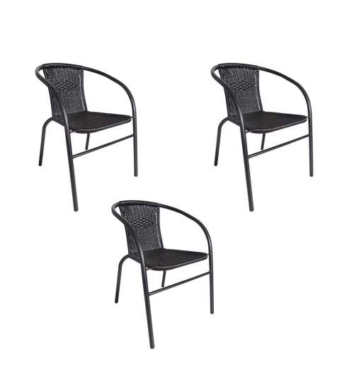 Set 3 scaune Rattan si Metal pentru Curte, Gradina, Terasa sau Balcon, Stivuibil, Culoare Negru