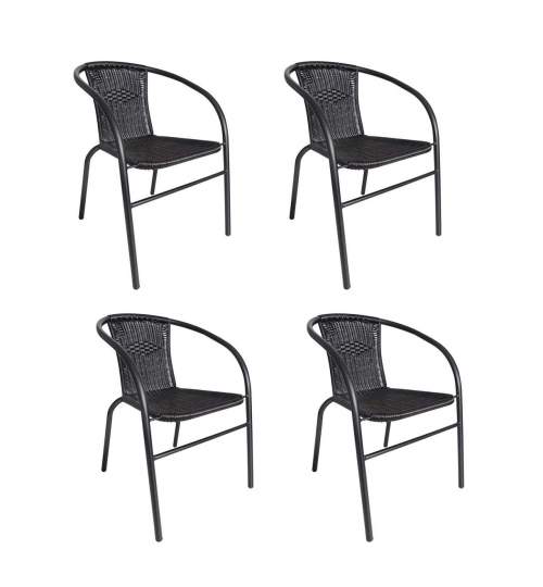 Set 4 scaune Rattan si Metal pentru Curte, Gradina, Terasa sau Balcon, Stivuibil, Culoare Negru