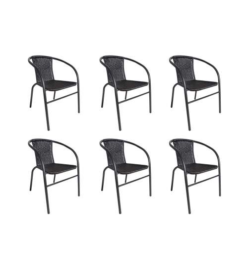 Set 6 scaune Rattan si Metal pentru Curte, Gradina, Terasa sau Balcon, Stivuibil, Culoare Negru