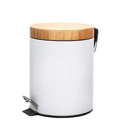 Cos de gunoi cu pedala din otel inoxidabil cu capac din bambus, capacitate 3L, culoare alb