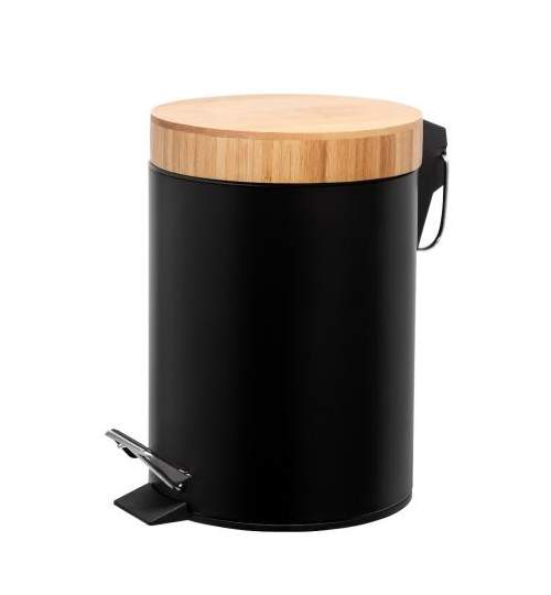 Cos de gunoi cu pedala din otel inoxidabil cu capac din bambus, capacitate 3L, culoare negru