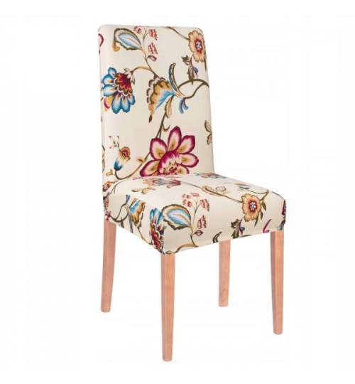 Husa scaun dining/bucatarie, din spandex, culoare crem cu motive florale