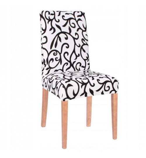 Husa scaun dining/bucatarie, din spandex, model frunze, culoare alb/negru